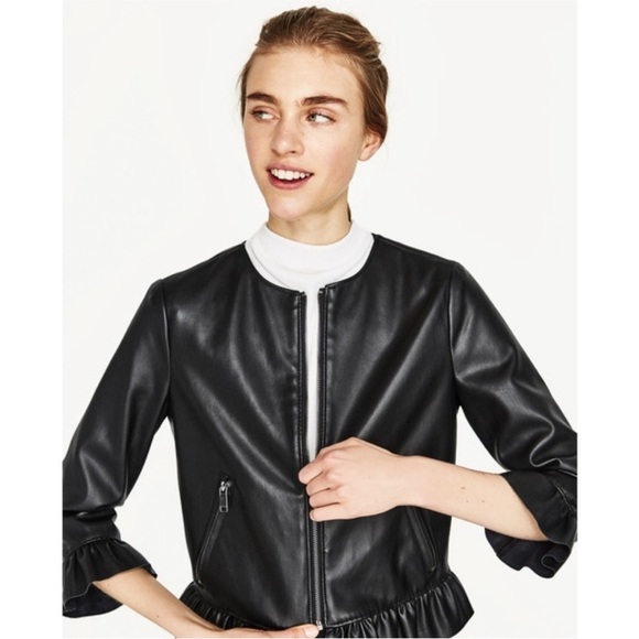 Zara Peplum Ruffled Faux Leather Cropped Zip Up Frill Jacket XS - Picture 2 of 15